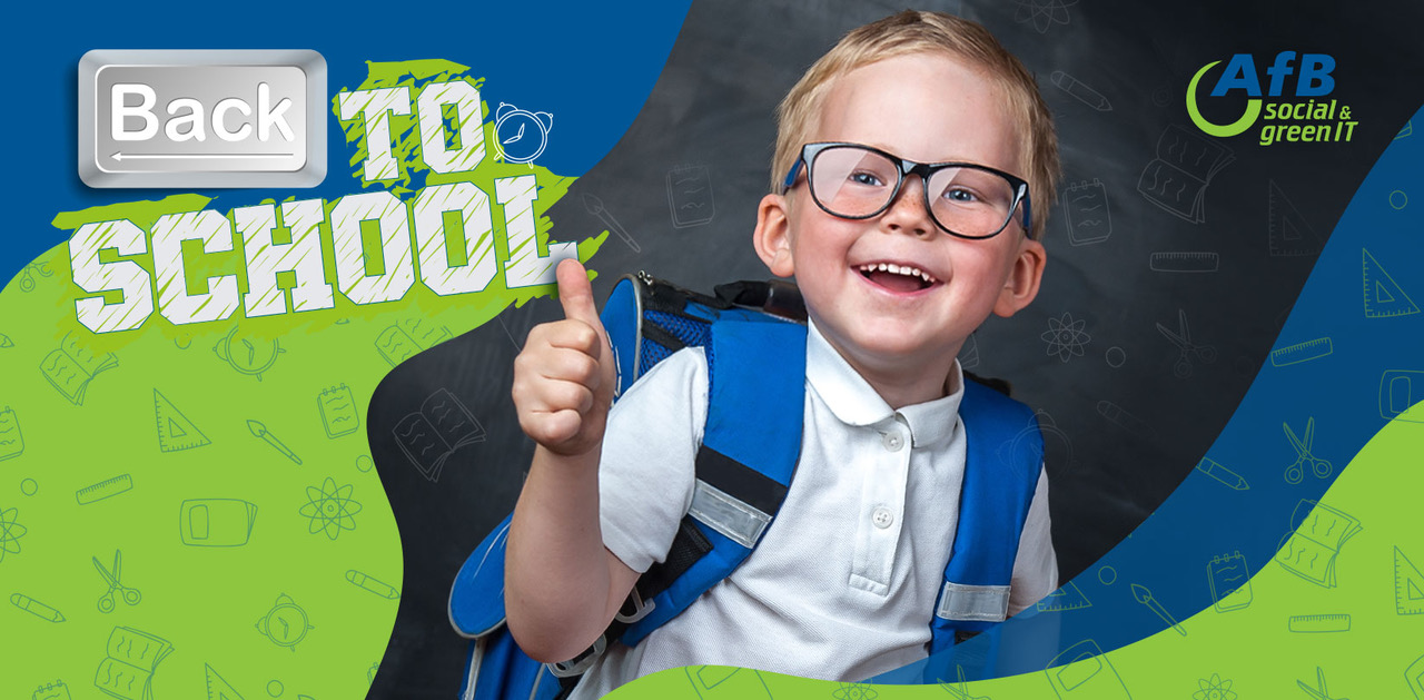 Malý chlapec idúci do školy s okuliarmi a taškou, logo AfB group, logo akcie Back to school