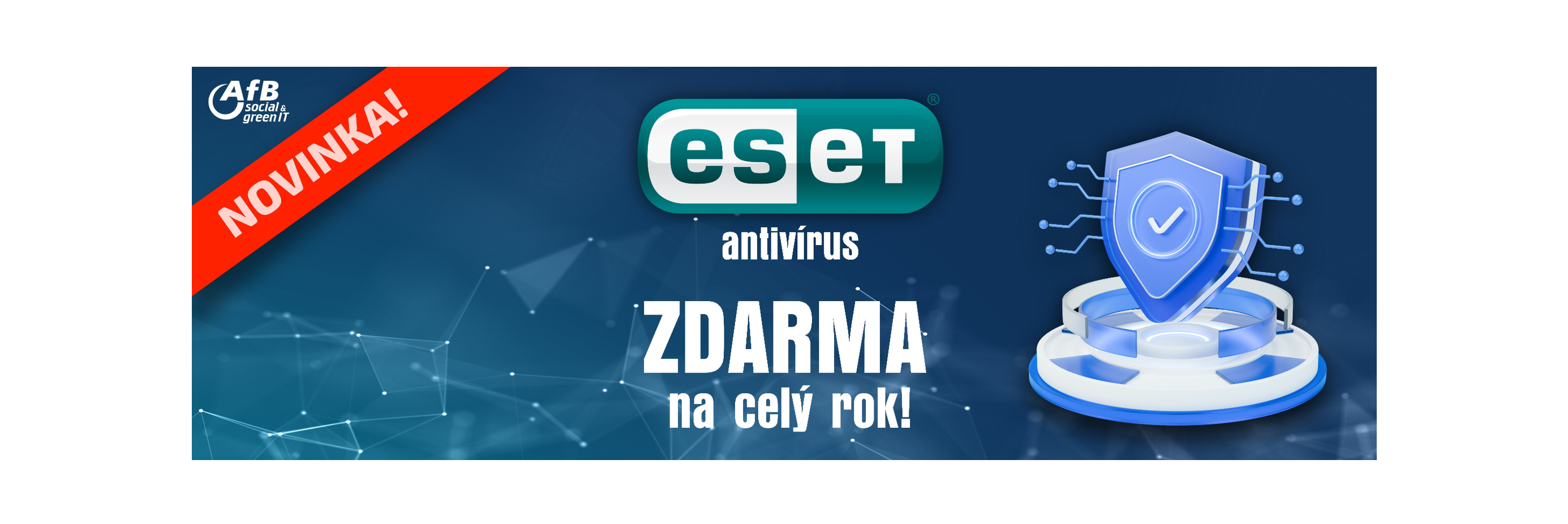 Logo AfB, text Eset antivírus zdarma na celý rok, grafika štítu na podstavci