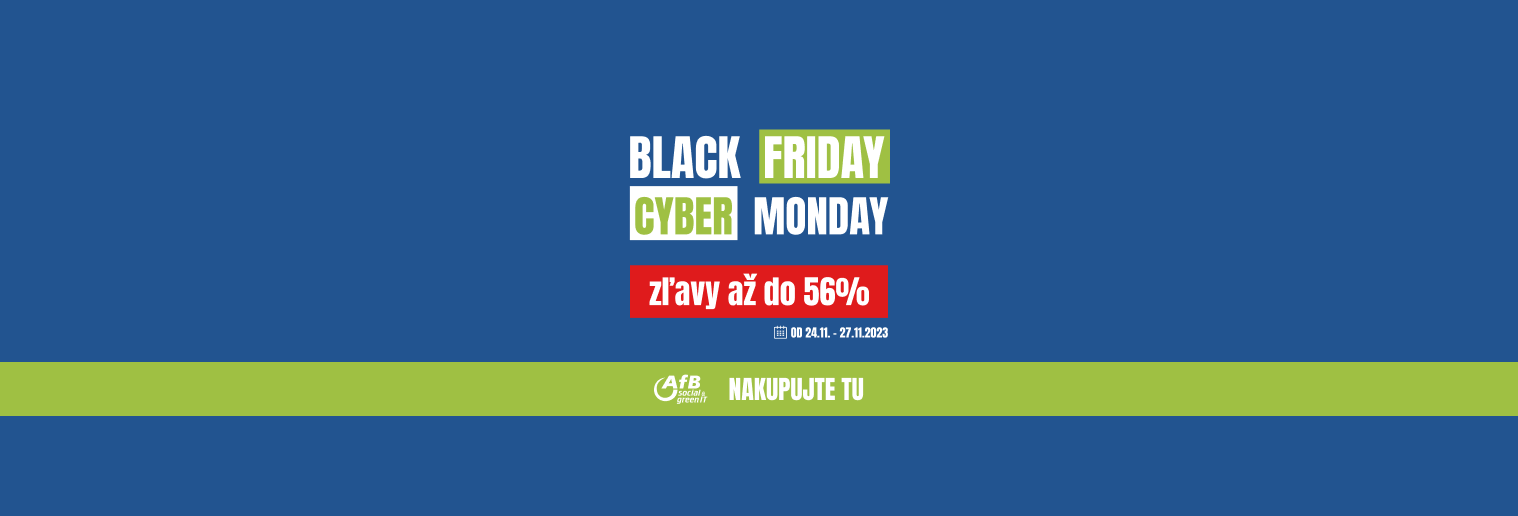 Modrý obdĺžnik s textom Black Friday Cyber Monday zľavy až do 56%