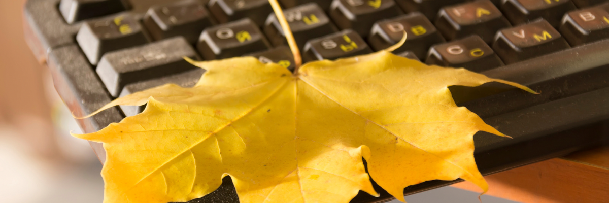 Zaprášená čierna klávesnica počítača, na nej je položený žltý list zo stromu