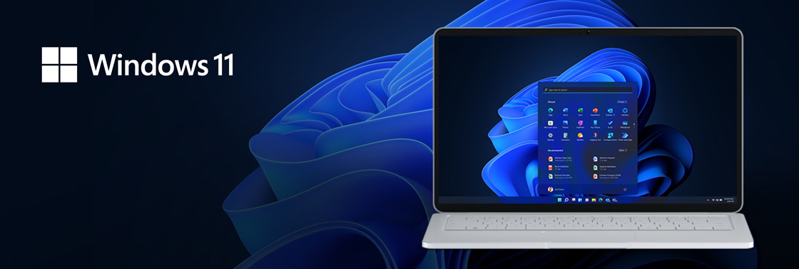 Prichádza Windows 11 - čo je nové? Ako a kde ho získať? Čierne pozadie s notebookom a textom Windows 11